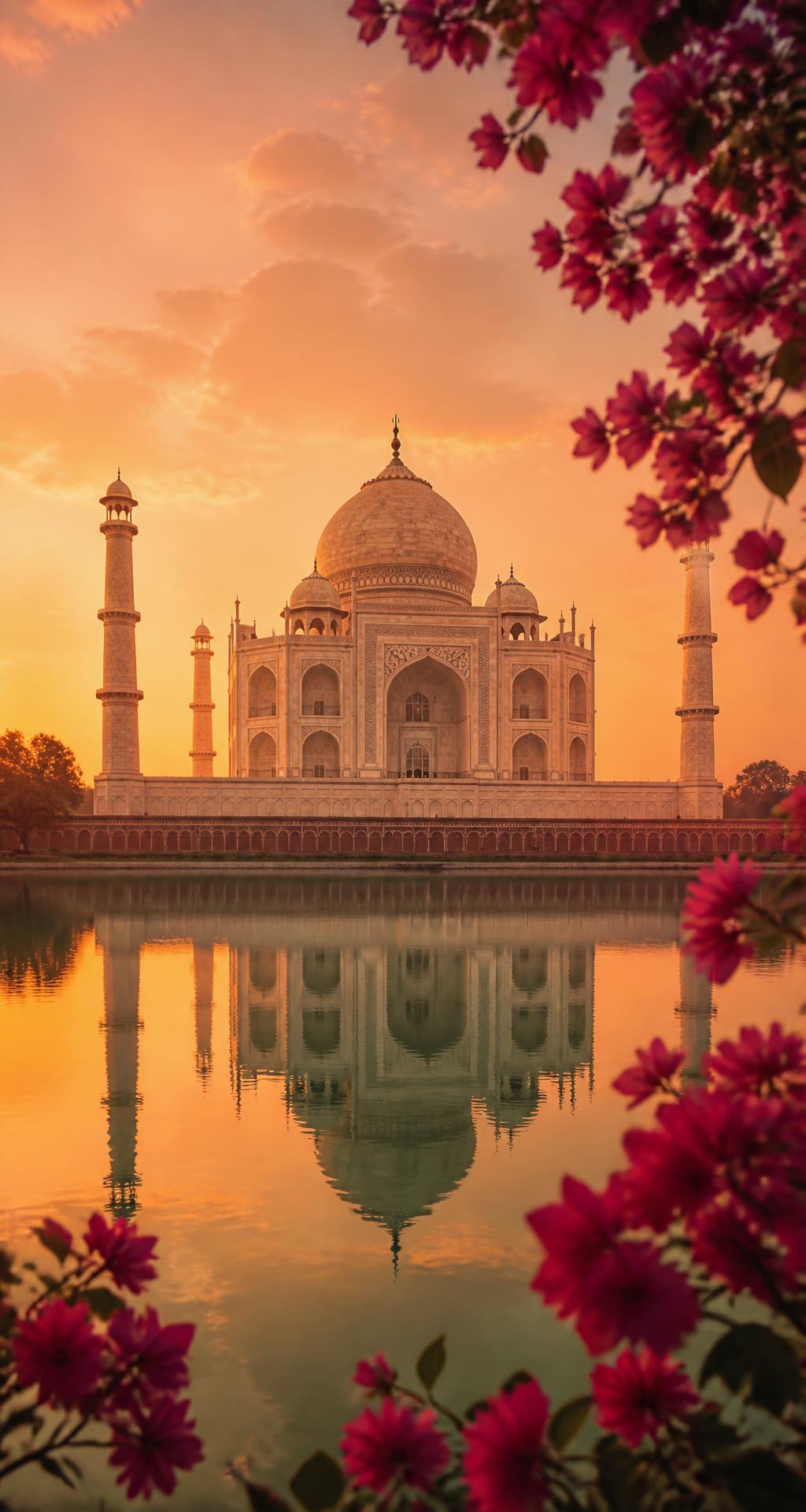 Taj Mahal at golden hour framed by bougainvillea